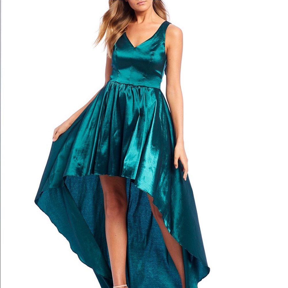 B. Darlin Bow-Back Taffeta Long High-Low Dress